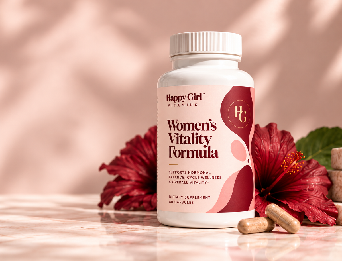 Happy Girl Vitamins Women’s Vitality Formula packaging concept with hibiscus