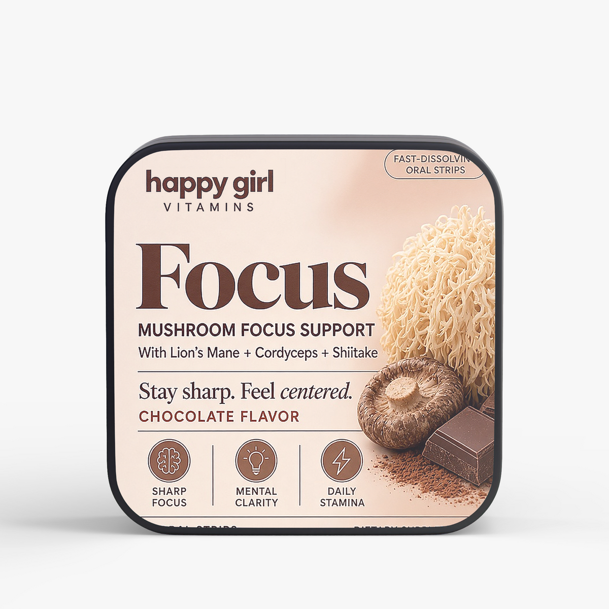 Happy Girl Focus oral strips tin view 1